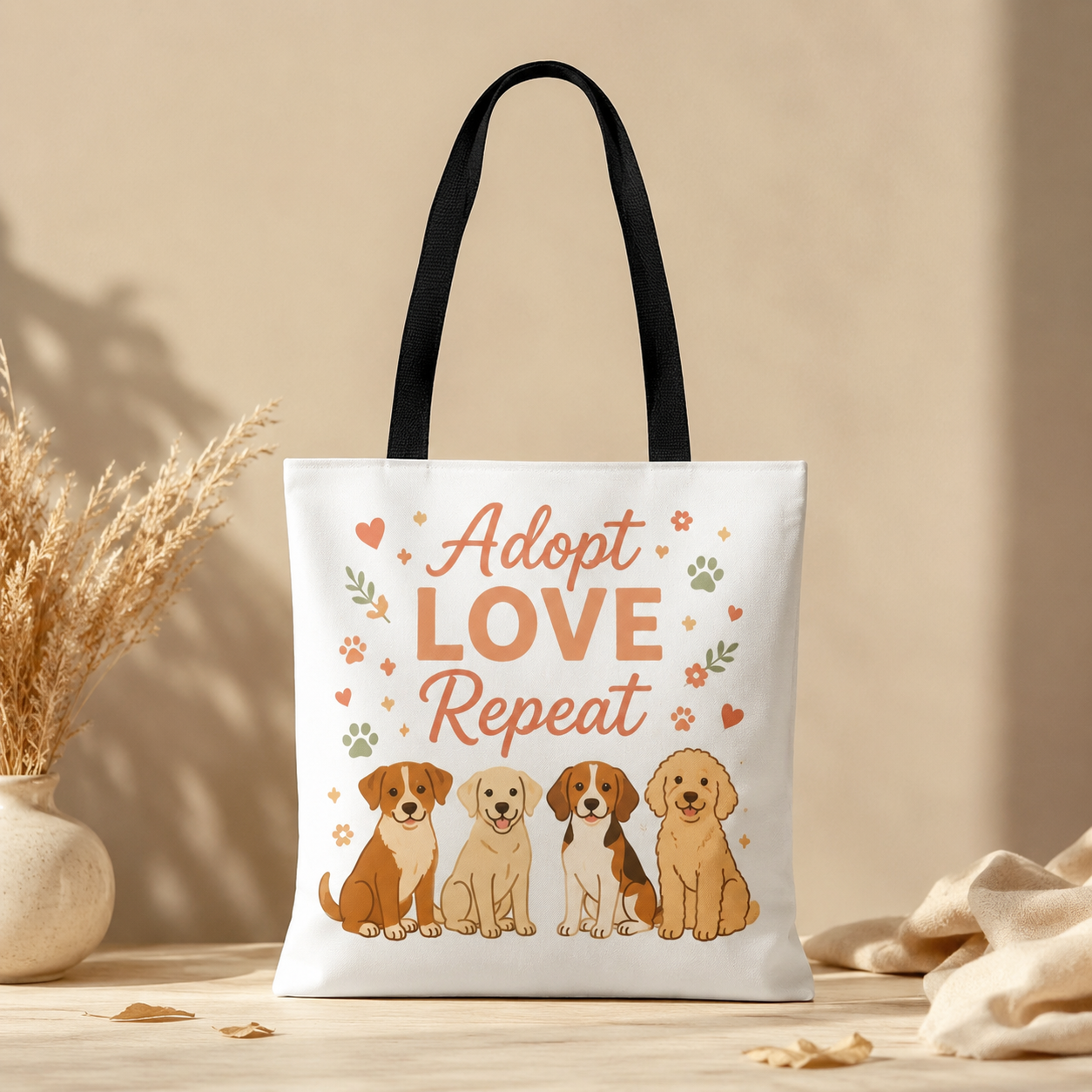 Dog Lover Tote Bag – "My Therapist Has Four Legs" & "Adopt Love Repeat" Canvas Tote