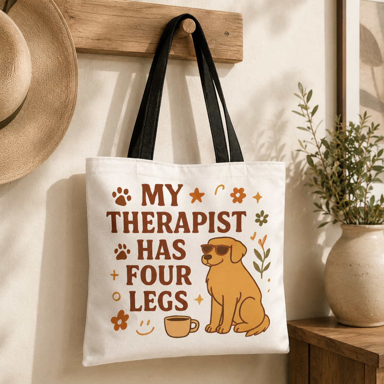 Dog Lover Tote Bag – "My Therapist Has Four Legs" & "Adopt Love Repeat" Canvas Tote